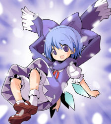 Rule 34 | 1girl, bad id, bad pixiv id, bloomers, blue eyes, blue hair, cirno, dress, fang, female focus, gradient background, hair ribbon, kitsune choukan, matching hair/eyes, perfect cherry blossom, ribbon, scarf, solo, touhou, underwear, white background, wings