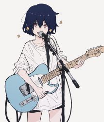 Rule 34 | 1girl, amakawasanaka, black shorts, blue hair, collarbone, cowboy shot, dark blue hair, electric guitar, fender telecaster, flower, guitar, hair flower, hair ornament, highres, instrument, looking at viewer, microphone, microphone stand, mizuno ai, music, oversized clothes, oversized shirt, playing instrument, shirt, short hair, shorts, simple background, singing, solo, white background, white shirt, zombie land saga