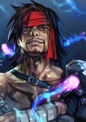 Rule 34 | 1boy, black hair, chest tattoo, crossed arms, facial hair, final fantasy, final fantasy x, gloves, headband, hungry clicker, jecht, long hair, male focus, manly, muscular, red eyes, scar, single bare arm, single glove, smile, solo, square enix, tattoo, topless male, upper body