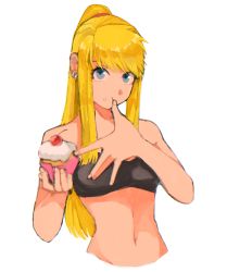 Rule 34 | 1girl, bare arms, bare shoulders, blonde hair, blue eyes, cherry, cupcake, ear piercing, earrings, expressionless, finger to mouth, fingernails, food, food on face, fruit, fullmetal alchemist, highres, holding, holding food, jewelry, long hair, looking at viewer, midriff, navel, ozaki (tsukiko3), piercing, ponytail, simple background, solo, strapless, tube top, upper body, whipped cream, white background, winry rockbell