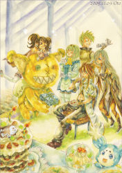 Rule 34 | 00s, 2005, 2boys, 3girls, anise tatlin, blue eyes, brown hair, cake, eating, everyone, food, gift, guy cecil, luke fon fabre, mieu (tales), multiple boys, multiple girls, namco, pastry, scar, stitches, tales of (series), tales of the abyss, tea, tea set, teapot, tear grants, teeth, tokunaga (tales), twintails
