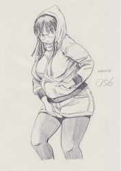 Rule 34 | 1girl, angry, breasts, fat, glasses, hand in pocket, hands in pockets, hood, hoodie, kobayakawa horan, large breasts, long hair, looking at viewer, monochrome, nekokami, original, pantyhose, plump, pout, shorts, sketch, solo, sweater, thick thighs, thighs, wide hips