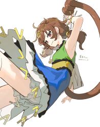 Rule 34 | 1girl, armpits, bloomers, bracelet, brown eyes, brown hair, circlet, commentary request, dress, highres, jewelry, jill 07km, looking at viewer, low twintails, monkey girl, monkey tail, multicolored clothes, multicolored dress, short hair, simple background, solo, son biten, tail, touhou, twintails, underwear, white background