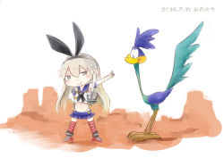Rule 34 | 10s, 1girl, 2014, animal, bad id, bad pixiv id, bird, blonde hair, commentary, crossover, dated, desert, elbow gloves, gloves, highleg, highleg panties, hinata yuu, kantai collection, long hair, looney tunes, panties, pleated skirt, road runner (looney tunes), september, shimakaze (kancolle), signature, skirt, striped clothes, striped thighhighs, thighhighs, trait connection, underwear