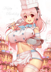 Rule 34 | 1girl, :d, apron, arm garter, bowl, breasts, buttons, cake, chef hat, cowboy shot, crop top, double-breasted, fanbox username, food, happy birthday, hat, headphones, highres, holding, holding bowl, holding whisk, large breasts, long hair, looking at viewer, macaron, microskirt, midriff, mixing bowl, navel, nitroplus, open mouth, pink hair, red eyes, skirt, sleeveless, smile, solo, super sonico, teeth, thighhighs, toque blanche, upper teeth only, virus-g, waist apron, whisk, zettai ryouiki