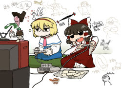 Rule 34 | 2girls, alice margatroid, bespectacled, blonde hair, bow, brown hair, condom, controller, fart, female focus, game console, game controller, gap (touhou), glasses, hair bow, hakurei reimu, horns, hoshiguma yuugi, lyrica prismriver, moriya suwako, multiple girls, partially translated, playing games, sexually suggestive, single horn, sitting, super famicom, touhou, translation request, turtle, ume (noraneko), what, wide face