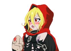 Rule 34 | 1girl, artist request, blonde hair, breasts, cape, chain, collar, detached sleeves, evileye (overlord), fang, hood, lock, mask, overlord (maruyama), red eyes, simple background, small breasts, solo, white background