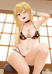 Rule 34 | absurdres, bikini, black choker, blonde hair, breasts, choker, highres, jewelry, just98, kitagawa marin, long hair, looking at viewer, medium breasts, navel, necklace, one eye closed, open mouth, sitting, smile, sono bisque doll wa koi wo suru, swimsuit