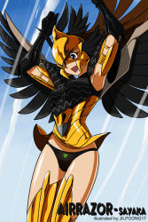 Rule 34 | 1girl, :d, airazor, airazor (cosplay), airrazor, armor, armpits, arms up, artist name, autobot, beast wars, bird wings, black eyes, black panties, breastplate, brown hair, character name, clenched hands, cloud, cosplay, day, elbow gloves, english text, engrish text, floating hair, flying, gloves, greaves, helmet, jilpoong17, long hair, looking down, mazinger (series), mazinger z, mecha, mecha musume, open mouth, outdoors, panties, print panties, ranguage, robot, sky, smile, solo, speed lines, thighhighs, transformers, underwear, wind, wind lift, wings, yumi sayaka