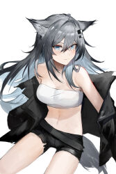 Rule 34 | 1girl, absurdres, ahoge, animal ear fluff, animal ears, arknights, bandeau, bare shoulders, belt, black belt, black jacket, black shorts, blue eyes, blue hair, breasts, cleavage, closed mouth, colored inner hair, commentary, cowboy shot, from above, grey hair, grey tail, hair between eyes, hair flowing over, hair intakes, hair ornament, hairclip, highres, invisible floor, jacket, lappland (arknights), light blue hair, light smile, long bangs, long hair, long sleeves, looking at viewer, looking to the side, looking up, medium breasts, messy hair, midriff, multicolored hair, navel, open clothes, open jacket, s 4ik4, scar, scar across eye, scar on face, shadow, short shorts, shorts, simple background, sitting, sleeves past fingers, sleeves past wrists, solo, stomach, strapless, tail, thighs, torn clothes, torn jacket, torn shorts, tube top, turning head, two-tone hair, unworn jacket, very long hair, white background, white bandeau, wolf ears, wolf girl, wolf tail