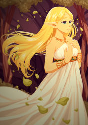 Rule 34 | 1girl, armpits, artist request, bare shoulders, belt, belted dress, blonde hair, bracelet, breasts, brown footwear, clenched hand, collarbone, cross-laced footwear, dress, evening, eyelashes, facing viewer, falling leaves, feet, female focus, fingernails, forest, gold belt, gold bracelet, gold necklace, green eyes, hands on own chest, hands up, jewelry, leaf, leaves, legs, long hair, looking at viewer, looking away, nature, neck, necklace, nintendo, no bra, outdoors, parted bangs, parted lips, pointy ears, princess zelda, sandals, shiny clothes, sidelocks, small breasts, standing, strapless, strapless dress, the legend of zelda, the legend of zelda: breath of the wild, toes, toga, tree, triforce, tunic, white tunic, worried