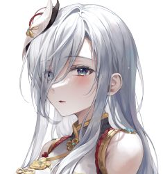 Rule 34 | 1girl, absurdres, blue eyes, blush, bodysuit, breast curtain, breasts, clothing cutout, commentary, ekina (1217), genshin impact, gold trim, grey hair, hair ornament, hair over one eye, highres, lips, long hair, looking at viewer, parted lips, shenhe (genshin impact), shoulder cutout, simple background, sleeveless, solo, turtleneck, white background
