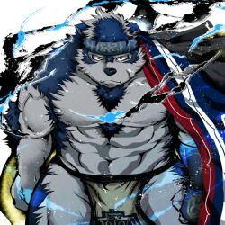 Rule 34 | 1boy, animal ears, armor, bara, blue fur, blue hair, chest hair, clenched hands, closed mouth, commentary request, furry, furry male, grey fur, grey hair, headband, horkeu kamui, jacket, jacket on shoulders, japanese armor, kano (kano to10), kote, large pectorals, looking at viewer, male focus, multicolored hair, muscular, muscular male, nipples, no shirt, pectorals, pelvic curtain, revision, scar, scar on face, short hair, smile, solo, tokyo houkago summoners, twitter username, two-tone fur, two-tone hair, upper body, white background, wolf boy, wolf ears, yellow eyes