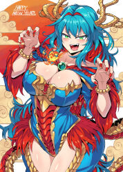 Rule 34 | 1girl, bead bracelet, beads, blue dress, blue hair, bracelet, breasts, chinese zodiac, cleavage, colored inner hair, dragon girl, dragon horns, dragon tail, dress, fangs, fingernails, fire, green eyes, happy new year, highres, horns, jewelry, large breasts, long fingernails, long hair, looking at viewer, multicolored hair, nail polish, new year, open mouth, original, red dress, red hair, red nails, shimure (460), solo, tail, teeth, thighs, two-tone dress, year of the dragon