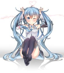 Rule 34 | 1girl, ;), absurdres, blue eyes, blue hair, detached sleeves, double v, gendo0032, gendo0033, hatsune miku, heart, heart of string, highres, long hair, looking at viewer, matching hair/eyes, necktie, one eye closed, simple background, sitting, smile, solo, v, very long hair, vocaloid, white background