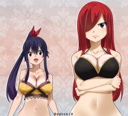 Rule 34 | 2girls, artist name, bikini, black hair, breasts, brown eyes, cleavage, colorized, crossed arms, crossover, eden&#039;s zero, erza scarlet, fairy tail, female focus, gaston18, hair over one eye, highres, homura kogetsu, large breasts, long hair, mashima hiro, mole, mole under eye, multiple girls, navel, ponytail, red hair, smile, swimsuit, upper body