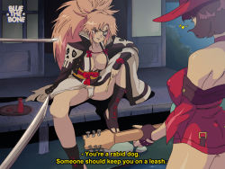 Rule 34 | 1990s (style), 2girls, areola slip, baiken, bluethebone, commentary, dress, english commentary, eyepatch, guilty gear, guitar, hat, i-no, instrument, latex, latex dress, long hair, multiple girls, panties, pink hair, ponytail, retro artstyle, short hair, subtitled, sword, underwear, weapon, witch hat