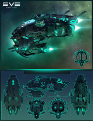 Rule 34 | 3d, 55eba55tian, absurdres, aqua theme, blueprint (medium), character sheet, commentary, concept art, copyright name, cruiser (eve online), eve online, flying, from side, gallente federation (eve online), glowing, highres, logo, military vehicle, multiple views, nebula, no humans, original, outdoors, realistic, science fiction, sky, spacecraft, spaceship, star (sky), starry sky, thrusters, vehicle focus
