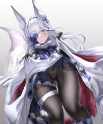 Rule 34 | 1girl, absurdres, animal ears, aqua eyes, azur lane, black bodysuit, blurry, blush, bodysuit, clothes lift, commentary request, depth of field, fox ears, fox girl, fox tail, from below, gluteal fold, groin, hair ornament, hair over one eye, highres, japanese clothes, kasumi (azur lane), kasumi (retrofit) (azur lane), lifted by self, long hair, looking at viewer, looking down, retrofit (azur lane), ribbon-trimmed sleeves, ribbon trim, shinka (user rcem8835), sidelocks, simple background, skin tight, solo, tail, white hair, wide sleeves, x hair ornament