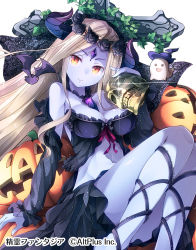 Rule 34 | 1girl, arm support, bare shoulders, bat (animal), blonde hair, blue skin, breasts, cleavage, colored skin, copyright name, detached collar, foreshortening, glint, halloween, highres, horns, jack-o&#039;-lantern, leg ribbon, legs together, long hair, looking at viewer, matsuuni, pumpkin, red eyes, ribbon, seirei fantasia, simple background, skull, smile, solo, stomach, thighs, very long hair, wreath