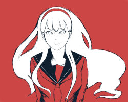 Rule 34 | 1girl, amagi yukiko, atlus, bad id, bad pixiv id, hairband, light smile, long hair, looking at viewer, monochrome, persona, persona 4, red background, red theme, school uniform, simple background, sketch, smile, solo, spot color, upper body, wind