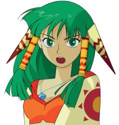 Rule 34 | 1girl, commentary, english commentary, feena (grandia), grandia, grandia i, green eyes, green hair, hair ornament, hair tubes, hontani toshiaki, jewelry, long hair, looking at viewer, necklace, official art, open mouth, portrait, retro artstyle, serious, simple background, solo, teeth, upper body, upper teeth only, white background, wide sleeves