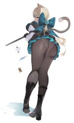 Rule 34 | 1girl, absurdres, animal ears, artist request, ass, blonde hair, boots, bow, cane, card, cat ears, cat tail, dress, embarrassed, from behind, genshin impact, highres, huge ass, leaning, leaning forward, leotard, long hair, looking at viewer, looking back, lynette (genshin impact), panties, panties under pantyhose, pantyhose, playing card, purple eyes, short dress, solo, tail, underwear