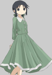 Rule 34 | 1girl, arms behind back, bad id, bad pixiv id, black eyes, black hair, bow, chito (shoujo shuumatsu ryokou), closed mouth, collared dress, commentary request, dress, feet out of frame, green bow, green dress, grey background, hair bow, highres, long hair, long sleeves, looking at viewer, shoujo shuumatsu ryokou, simple background, smile, solo, yoyohachi