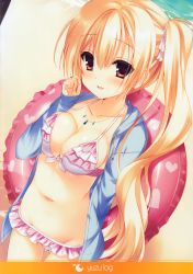 Rule 34 | 1girl, :d, absurdres, amairo islenauts, any (trueblue), bikini, blonde hair, breasts, brown eyes, cleavage, frilled bikini, frills, highres, hood, hooded vest, hoodie, huge filesize, innertube, jewelry, large breasts, necklace, open clothes, open hoodie, open mouth, pink bikini, shirley warwick, side ponytail, smile, swim ring, swimsuit, vest
