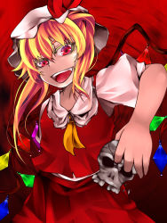 Rule 34 | 1girl, :d, ascot, blonde hair, crystal, demon wings, dress, fang, fangs, female focus, flandre scarlet, hat, holding, looking at viewer, open mouth, pink eyes, puffy short sleeves, puffy sleeves, red background, red dress, red eyes, ribbon, serizawa mutsuki, short sleeves, side ponytail, simple background, skull, smile, solo, touhou, vampire, wings