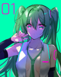 Rule 34 | 1girl, absurdres, alternate eye color, alternate hair color, breasts, cleavage, collared shirt, commentary, detached sleeves, fuchi (fuchi 1106), gradient eyes, green eyes, green hair, green necktie, hair between eyes, hatsune miku, highres, holding, holding own hair, huge filesize, multicolored eyes, necktie, open clothes, open shirt, purple eyes, shirt, sleeveless, sleeveless shirt, small breasts, solo, twintails, vocaloid