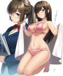 Rule 34 | 1girl, bare shoulders, barefoot, bikini, blue jacket, blue skirt, blush, bow, breasts, brown eyes, brown hair, button gap, cleavage, closed mouth, collared shirt, commentary request, dress shirt, glasses, hair ornament, hairclip, head tilt, high ponytail, highres, holding, holding notebook, jacket, kneeling, long hair, multi-strapped bikini, navel, notebook, original, parted bangs, pink bikini, pleated skirt, ponytail, red bow, school uniform, serafuku, shirt, sidelocks, skirt, smile, suzuki nene, swept bangs, swimsuit, thighs, toes, yellow shirt