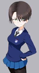 Rule 34 | 1girl, black pantyhose, blue shirt, blush, breasts, brown hair, closed mouth, earrings, girls und panzer, green eyes, grey background, hand on own hip, jewelry, kayabakoro, looking at viewer, miniskirt, pantyhose, school uniform, shirt, short hair, simple background, skirt, small breasts, smile, solo, st. gloriana&#039;s (emblem), st. gloriana&#039;s school uniform, st. gloriana&#039;s student (girls und panzer saishuushou), vanilla (girls und panzer)