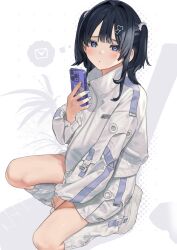 Rule 34 | 1girl, absurdres, black hair, blue eyes, blue nails, blush, cellphone, closed mouth, commentary request, dot mouth, dot nose, hair ornament, hair scrunchie, heart, heart-shaped pupils, heart hair ornament, highres, holding, holding phone, jacket, kneeling, long sleeves, looking at viewer, loose socks, mashiro kta, medium hair, nail polish, on one knee, original, phone, puffy long sleeves, puffy sleeves, scrunchie, socks, solo, spoken object, symbol-shaped pupils, thighs, thought bubble, two side up, white footwear, white jacket, white scrunchie, white socks