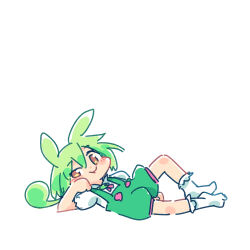 Rule 34 | 1girl, :t, arm support, ayakashi (monkeypanch), blush stickers, commentary, frilled socks, frills, green hair, green shorts, hair between eyes, half-closed eye, head rest, highres, looking at viewer, low ponytail, lying, on side, puffy short sleeves, puffy sleeves, shirt, short sleeves, shorts, simple background, smile, smug, socks, solo, suspender shorts, suspenders, voicevox, white background, white shirt, white socks, zundamon