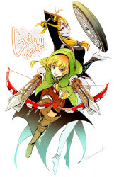 Rule 34 | 2girls, aiming, aiming at viewer, blonde hair, blue eyes, boots, bow (weapon), crossbow, dual wielding, holding, hood, hyrule warriors, linkle, looking at viewer, midna, midna (true), multiple girls, nintendo, orange hair, red eyes, tak (karasuki), the legend of zelda, the legend of zelda: twilight princess, thigh boots, thighhighs, weapon