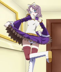 Rule 34 | 10s, 1girl, ass, banpresto, blue eyes, boots, bow, clothes lift, cross-laced footwear, from below, glasses, hair bow, knee boots, lace-up boots, latune subbota, lolita fashion, looking back, panties, pantyshot, purple hair, skirt, skirt lift, solo, super robot wars, super robot wars og the inspector, super robot wars original generation, super robot wars original generation 2, thighhighs, underwear, upskirt, yoshida keiji