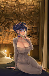 Rule 34 | 1girl, absurdres, blue eyes, blue hair, blue nails, blush, bow choker, bracelet, breast tattoo, breasts, cleavage, dongtan dress, earrings, flower tattoo, hair intakes, highres, hololive, hololive english, huge breasts, indoors, jewelry, long sleeves, looking at viewer, mask, mask pull, medium hair, meme attire, mole, mole on breast, mouth mask, multiple rings, necklace, on bed, open mouth, ouro kronii, ring, short hair, sitting, snarkhunt, solo, tattoo, virtual youtuber