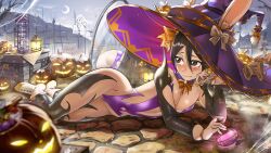 Rule 34 | 1girl, absurdres, alternate costume, ass, black eyes, black hair, black thighhighs, bleach, blush, breasts, candle, covered navel, crescent moon, ghost, gloves, halloween, hat, highres, jack-o&#039;-lantern, kuchiki rukia, lantern, lying, mirror, moon, night, on side, purple hat, reflection, revealing clothes, short hair, small breasts, solo, thighhighs, waligner, white footwear, white gloves, witch, witch hat