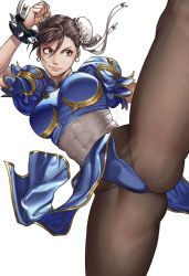 Rule 34 | 1girl, absurdres, arm up, blue dress, bracelet, breasts, brown eyes, brown hair, bun cover, capcom, china dress, chinese clothes, chun-li, covered abs, double bun, dress, earrings, hair bun, hanny (uirusu chan), highres, jewelry, large breasts, leotard, leotard peek, moire, pantyhose, pelvic curtain, puffy short sleeves, puffy sleeves, ribbon, short sleeves, simple background, smile, solo, spiked bracelet, spikes, spread legs, street fighter, white background, white ribbon