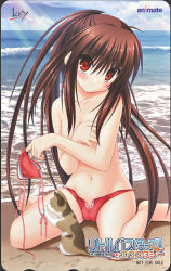 Rule 34 | 1girl, beach, bikini, unworn bikini top, breast hold, breasts, brown hair, calico, cameltoe, cat, covering privates, covering breasts, day, head tilt, little busters!, long hair, na-ga, natsume rin, navel, ocean, outdoors, ponytail, red bikini, red eyes, sky, small breasts, solo, swimsuit, topfreedom, topless, very long hair, water