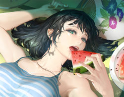 Rule 34 | 1girl, armpit peek, artist name, bare arms, black hair, commentary request, earrings, eating, eyelashes, fingernails, food, fruit, green eyes, hand fan, holding, holding fan, holding food, hoop earrings, indoors, jewelry, juice, looking at viewer, lying, melon, melon slice, nail polish, necklace, on back, on floor, open mouth, original, paper fan, plate, shirt, short hair, sleeveless, sleeveless shirt, solo, striped clothes, striped shirt, tajima yukie, tatami, teeth, uchiwa, upper body, upper teeth only, watermelon, watermelon seeds, yellow nails