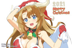 Rule 34 | 1girl, 2021, animal collar, animal ears, bell, black collar, blue eyes, breasts, brown hair, christmas, collar, dress, english text, hand on own head, hat, holding, holding sack, holly, horns, kimura shigetaka, large breasts, long hair, looking at viewer, merry christmas, neck bell, open mouth, original, over shoulder, red hat, sack, santa dress, santa hat, sketch, smile, solo, watermark, web address, white background