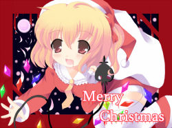 Rule 34 | 1girl, bad id, bad pixiv id, blonde hair, blood, christmas, fang, female focus, flandre scarlet, hat, laevatein (touhou), long sleeves, merry christmas, open mouth, red background, red hat, santa costume, santa hat, shiraki ai, solo, touhou