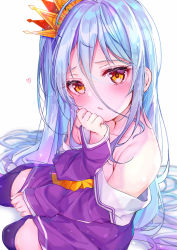 Rule 34 | 1girl, :o, bare shoulders, blue hair, blush, commentary request, crown, hair between eyes, highres, long hair, long sleeves, looking at viewer, no game no life, off shoulder, purple thighhighs, rouka (akatyann), school uniform, shiro (no game no life), simple background, sleeves past wrists, solo, thighhighs, very long hair, white background, yellow eyes
