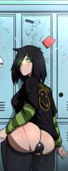 Rule 34 | 1girl, anal beads, black hair, green eyes, locker, nirvana (band), school, sex toy, solo, thick thighs, thighs