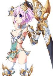 Rule 34 | 1girl, absurdres, choujigen game neptune, compile heart, covered navel, gloves, hair ornament, highres, holding, holding weapon, idea factory, looking at viewer, neptune (neptunia), neptune (series), pink hair, purple eyes, short hair, simple background, skindentation, solo, thighhighs, underwear, weapon, white background, white thighhighs, yingjian
