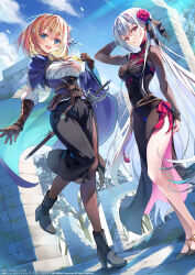 Rule 34 | 2girls, ankle boots, arm behind head, artist name, belt, belt pouch, black dress, blonde hair, blood princess (goblin slayer), blue eyes, blue sky, blush, boots, braid, breasts, cape, cloud, commentary request, covered navel, day, dress, elbow gloves, fingernails, frills, full body, gloves, goblin slayer!, goblin slayer-another adventurer-nightmare feast, guild master (goblin slayer), hair ornament, hand up, high heel boots, high heels, highres, long hair, long skirt, long sleeves, looking at viewer, medium breasts, medium hair, multiple girls, necktie, official art, open mouth, outdoors, panties, pantyhose, petals, pouch, rapier, red eyes, ribbon, sheath, sheathed, shiny skin, shoes, side slit, simple background, skirt, sky, smile, sunlight, sword, teeth, thighs, tomose shunsaku, turtleneck, underwear, upper teeth only, vampire, weapon, white hair