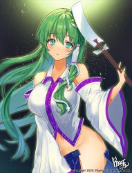 Rule 34 | 1girl, 2020, aqua eyes, artist name, aura, black background, blue skirt, blush, breasts, closed mouth, clothes pull, collared shirt, cowboy shot, detached sleeves, female focus, fingernails, frilled sleeves, frills, frog hair ornament, gohei, gradient background, green hair, green nails, groin, hair ornament, hair tubes, head tilt, hip focus, holding, holding clothes, holding skirt, kochiya sanae, large breasts, light, light particles, lips, long hair, looking at viewer, nail polish, navel, no panties, oonusa, open clothes, open skirt, outline, pikatsu, purple trim, shiny clothes, shiny skin, shirt, skirt, skirt pull, sleeveless, sleeveless shirt, snake hair ornament, solo, stomach, thighs, touhou, very long hair, watermark, white shirt, white sleeves, wide sleeves, wind