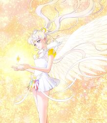 Rule 34 | 1girl, bishoujo senshi sailor moon, bishoujo senshi sailor moon stars, choker, double bun, dress, earrings, facial mark, feathered wings, forehead mark, grey eyes, hair bun, highres, jewelry, long hair, parted lips, sailor collar, sailor cosmos, short sleeves, sidney deng, solo, twintails, white choker, white dress, white hair, white sailor collar, white wings, wing hair ornament, wings, yellow sleeves